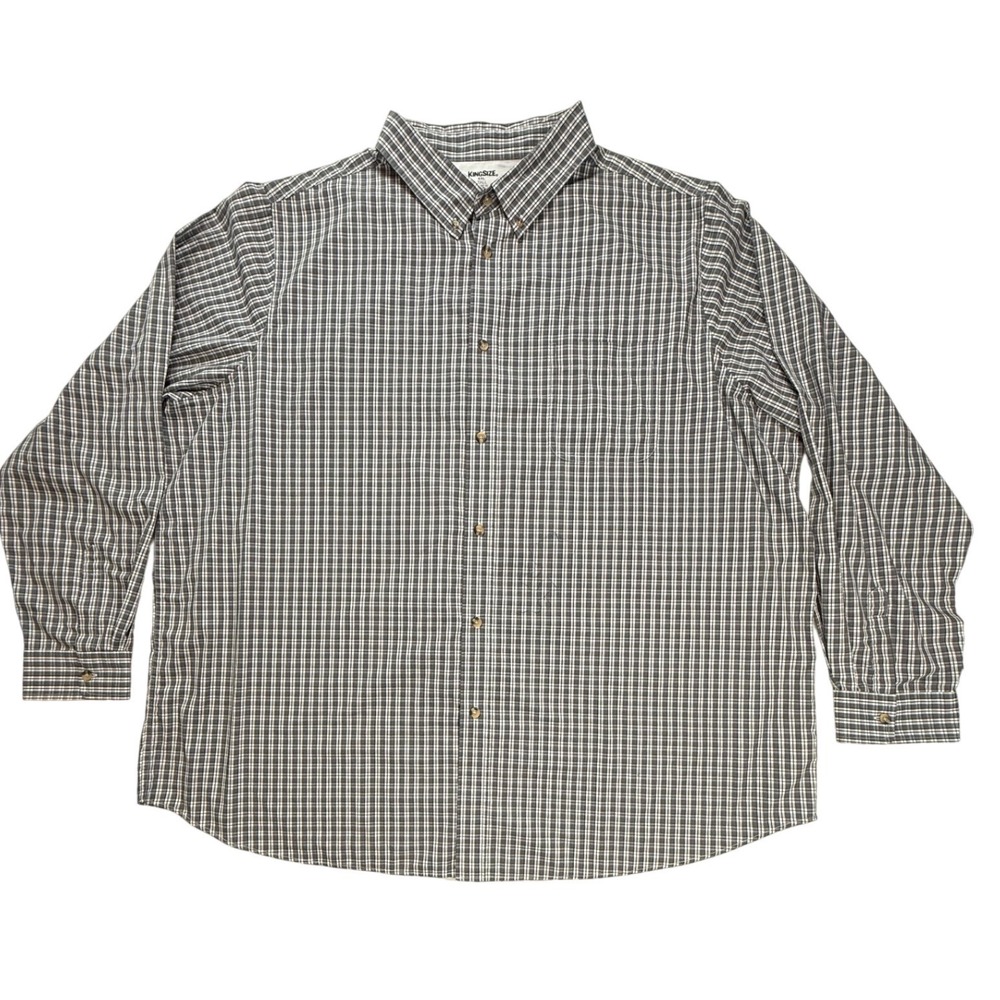 KingSize Mens 4XL Tall Grey White Plaid Long Sleeve Button Down Shirt Pocket
